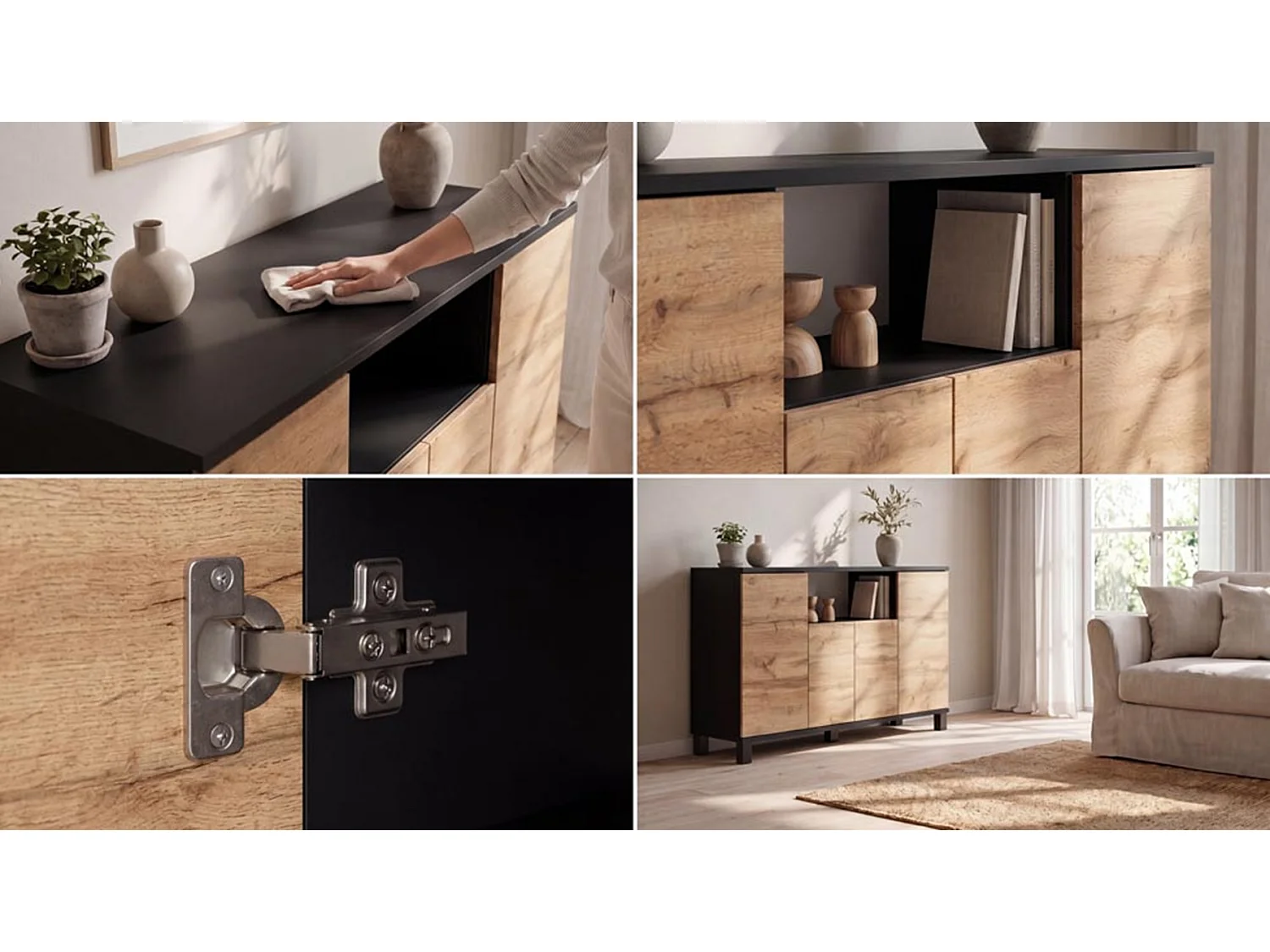 Commode Noir + Chêne Wotan 120 cm 4 Portes - Meuble TV Moderne pour Salon et Chambre - Buffet de Rangement Design