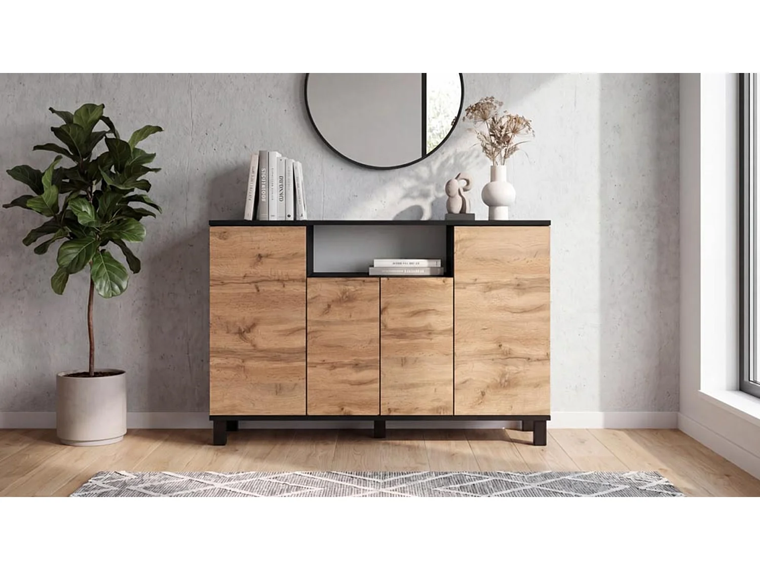 Commode Noir + Chêne Wotan 120 cm 4 Portes - Meuble TV Moderne pour Salon et Chambre - Buffet de Rangement Design