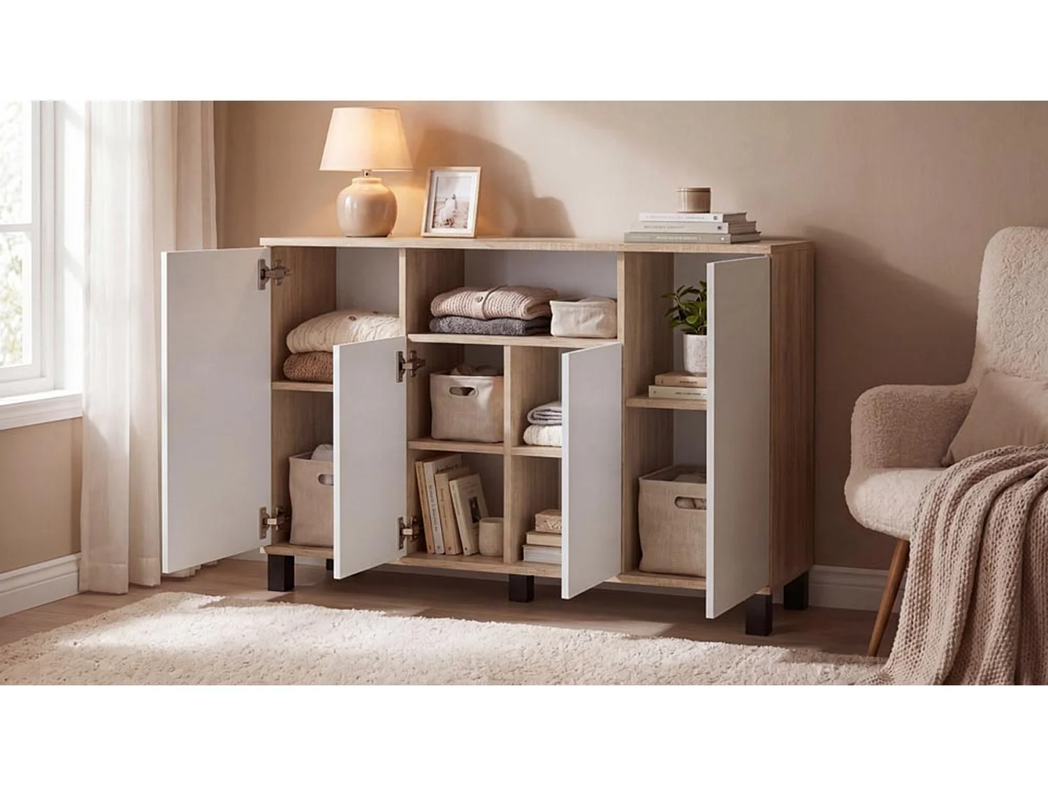 Kommode i Sonoma-eg + hvid, 120 cm, 4 låger – Moderne tv-møbel til stuen og soveværelset – Designet opbevaringskommode
