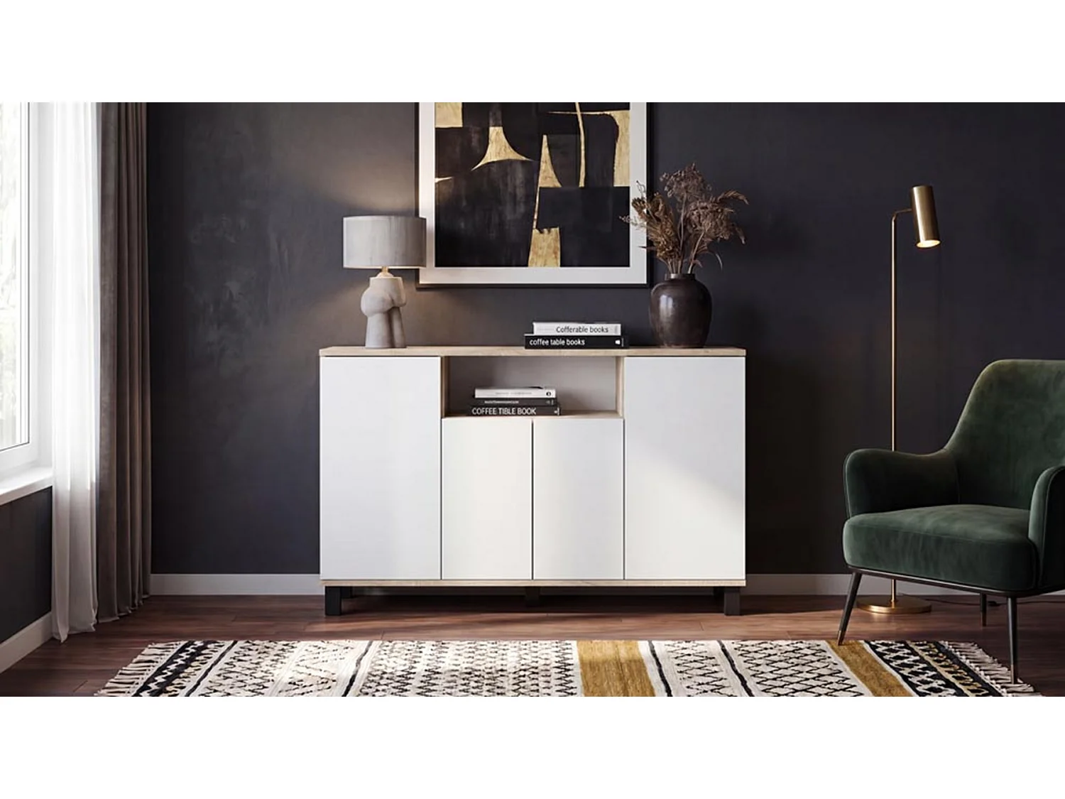 Kommode i Sonoma-eg + hvid, 120 cm, 4 låger – Moderne tv-møbel til stuen og soveværelset – Designet opbevaringskommode