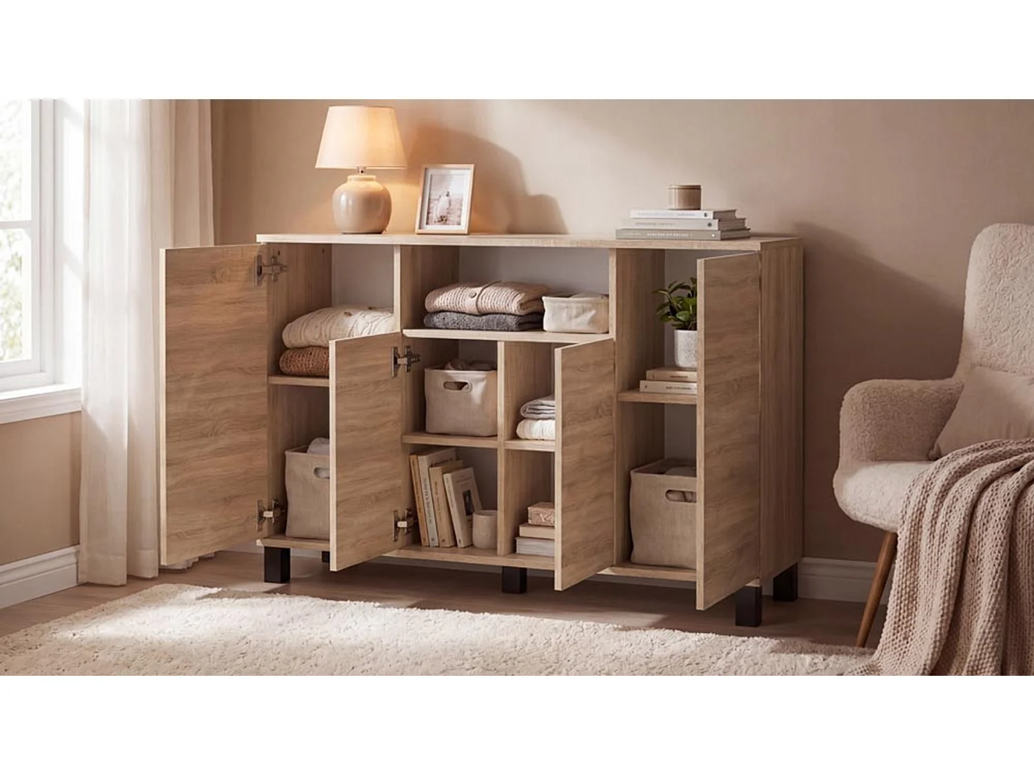 Kommoden i Sonoma-eg, 120 cm, 4 låger – Moderne tv-møbel til stuen og soveværelset – Designet opbevaringskommode