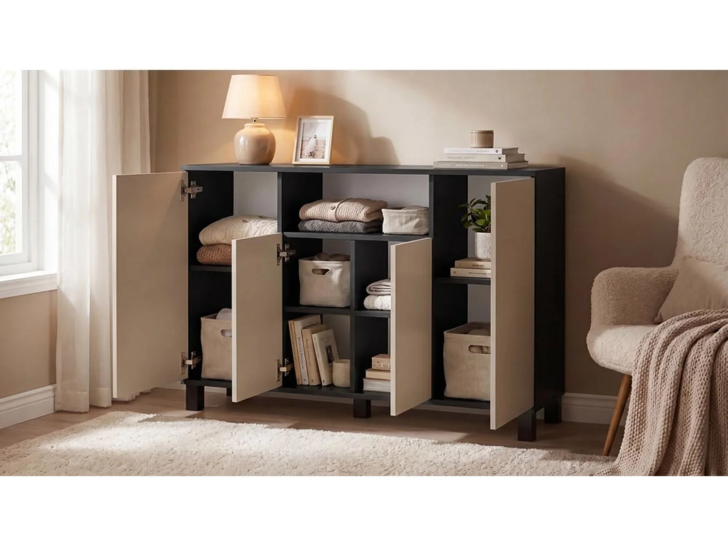 Kommode  Sort + Kashmir 120 cm 4 døre – Moderne tv-møbel til stuen og soveværelset – Designet opbevaringskommode