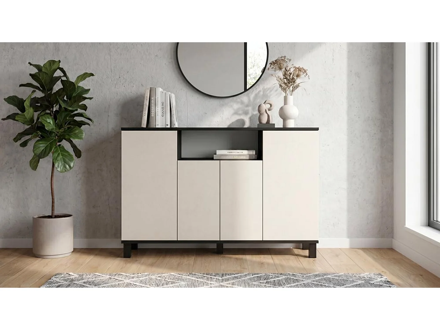 Kommode  Sort + Kashmir 120 cm 4 døre – Moderne tv-møbel til stuen og soveværelset – Designet opbevaringskommode