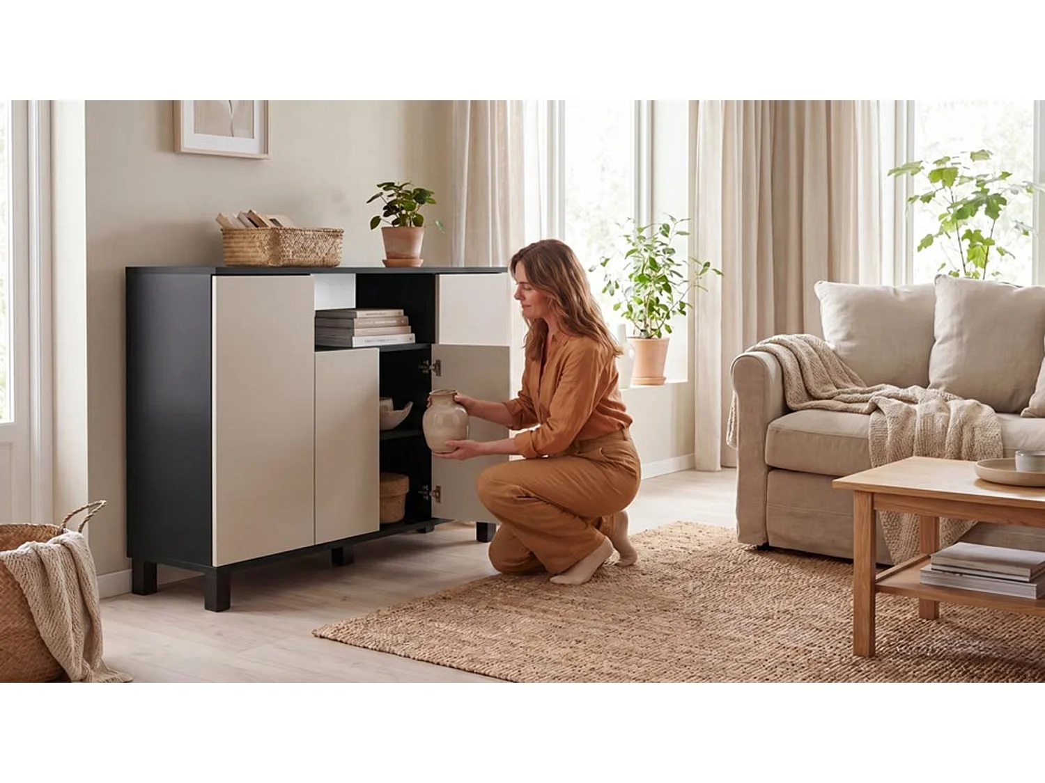 Kommode  Sort + Kashmir 120 cm 4 døre – Moderne tv-møbel til stuen og soveværelset – Designet opbevaringskommode