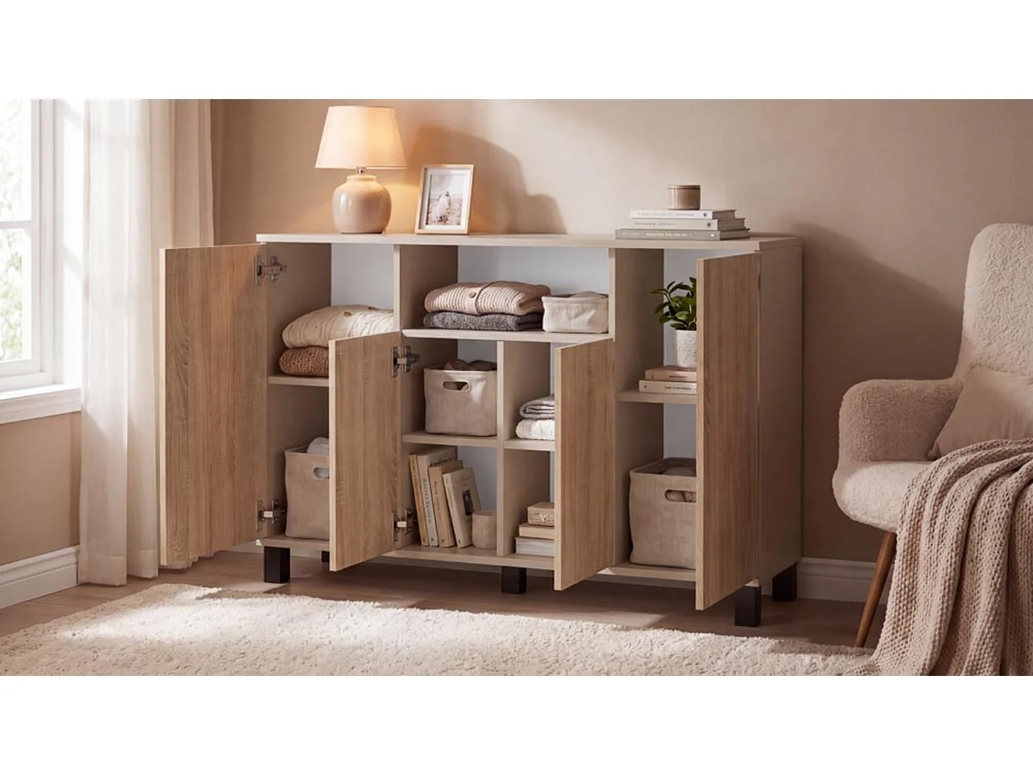 Kommode i kashmir og Sonoma-eg, 120 cm, 4 låger – moderne tv-møbel til stuen og soveværelset – designet opbevaringskommode