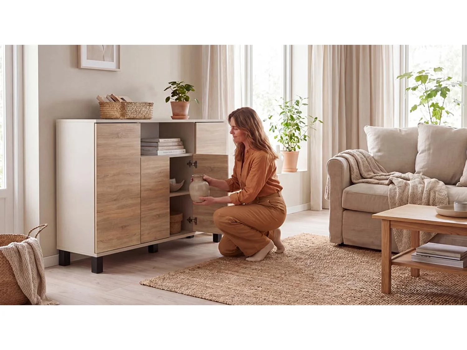 Kommode i kashmir og Sonoma-eg, 120 cm, 4 låger – moderne tv-møbel til stuen og soveværelset – designet opbevaringskommode