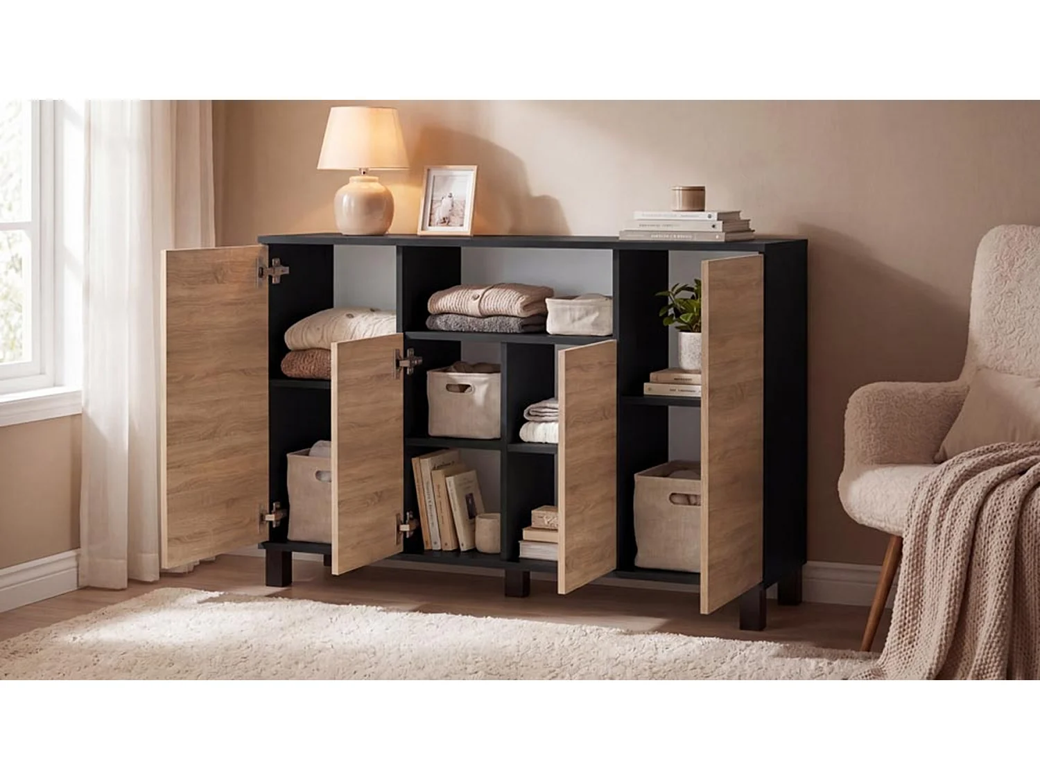 Kommode i sort + Sonoma-eg, 120 cm, 4 låger – Moderne tv-møbel til stuen og soveværelset – Designet opbevaringskommode
