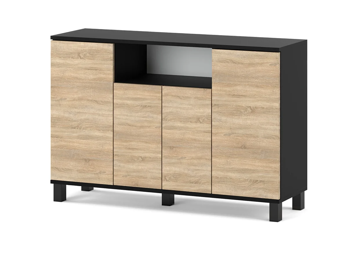 Kommode i sort + Sonoma-eg, 120 cm, 4 låger – Moderne tv-møbel til stuen og soveværelset – Designet opbevaringskommode