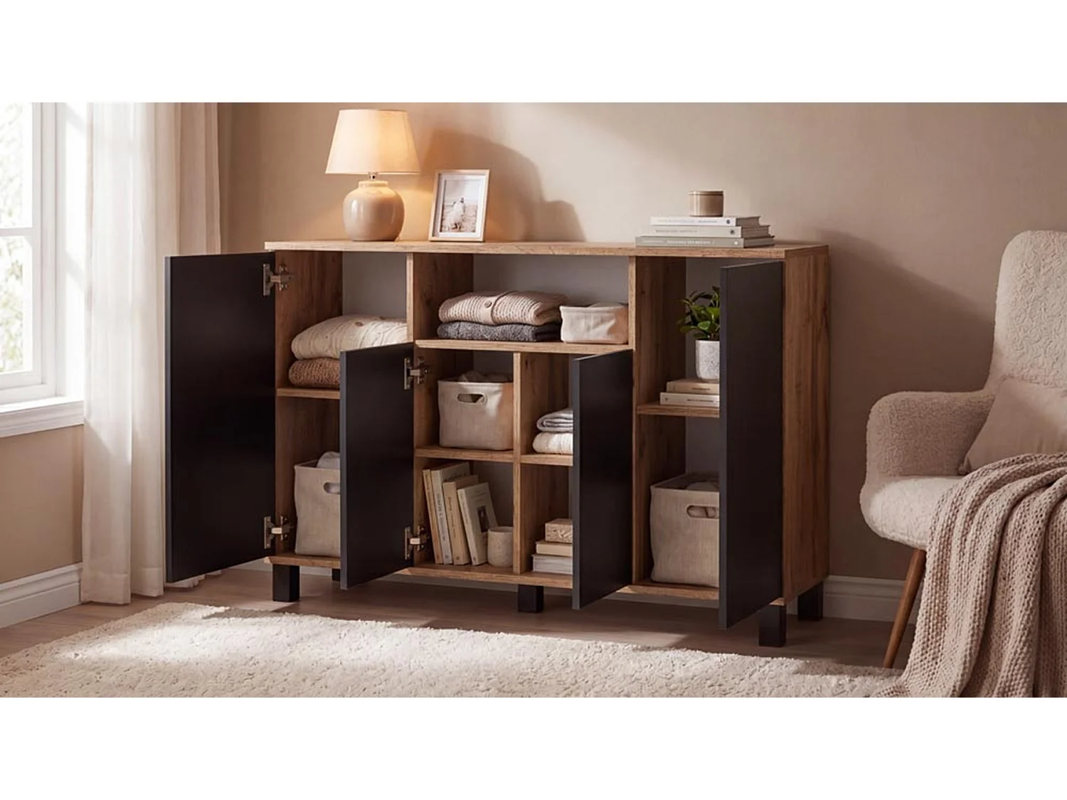 Wotan+ kommode i eg og sort, 120 cm, 4 låger – moderne tv-møbel til stuen og soveværelset – designet opbevaringskommode