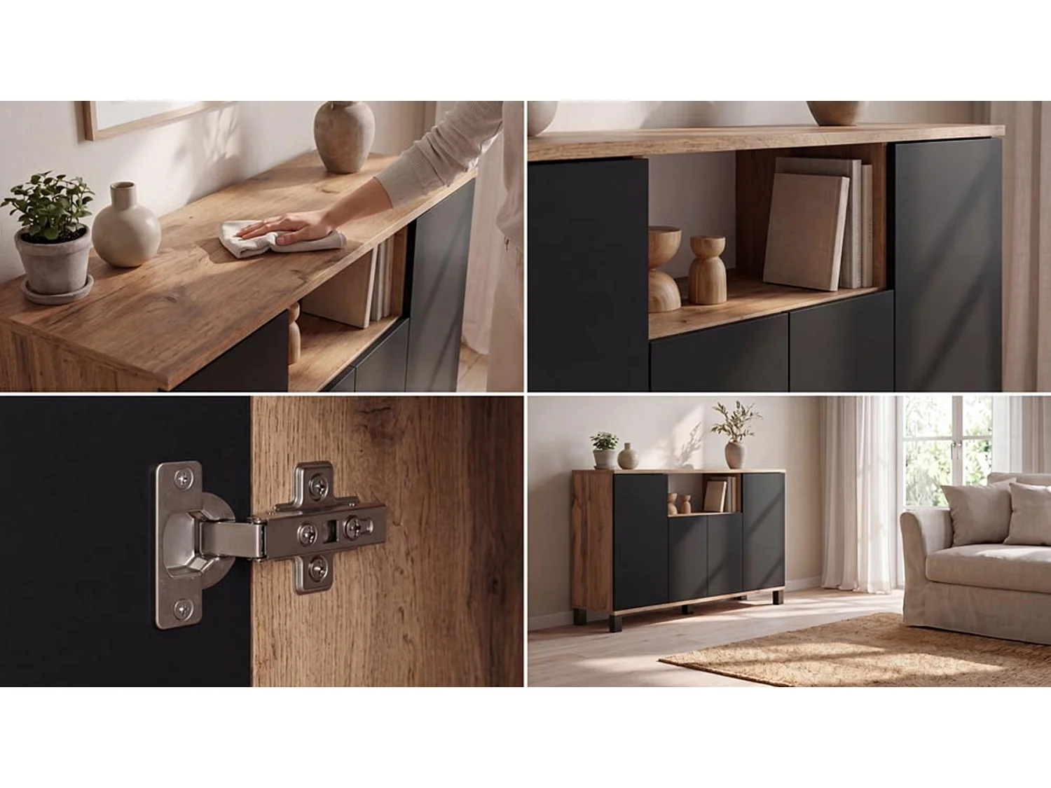 Wotan+ kommode i eg og sort, 120 cm, 4 låger – moderne tv-møbel til stuen og soveværelset – designet opbevaringskommode