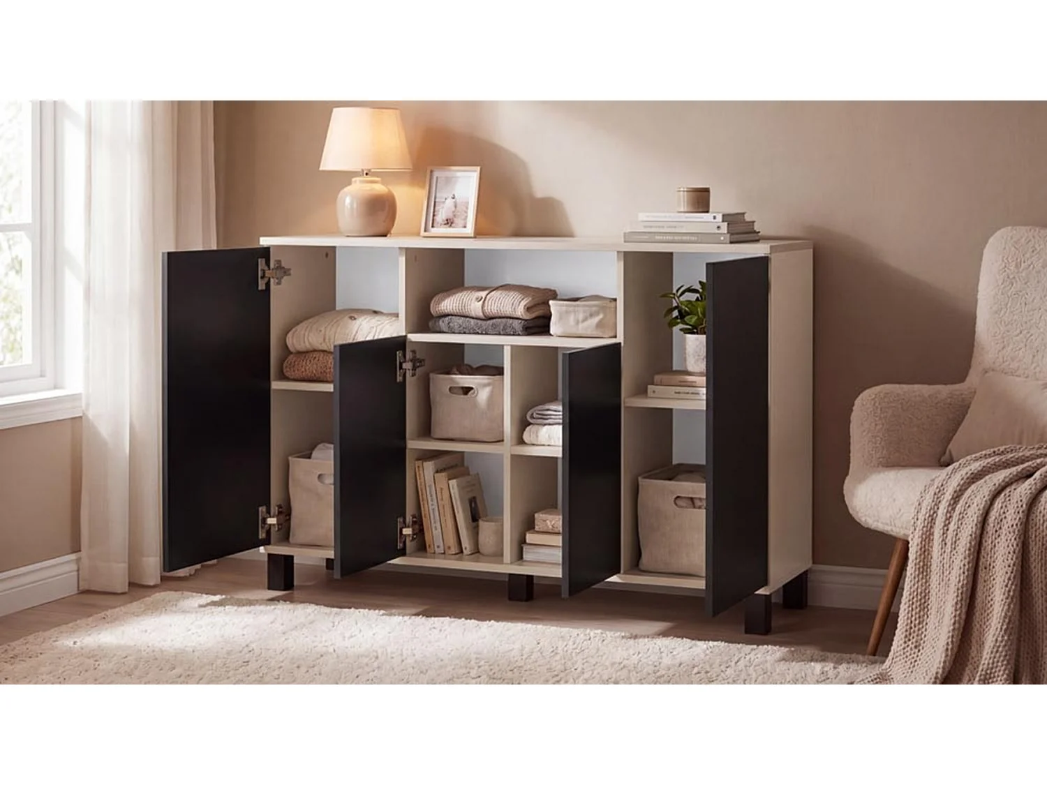 Kommode i kashmir og sort – 120 cm, 4 låger – Moderne tv-møbel til stuen og soveværelset – Designet opbevaringskommode