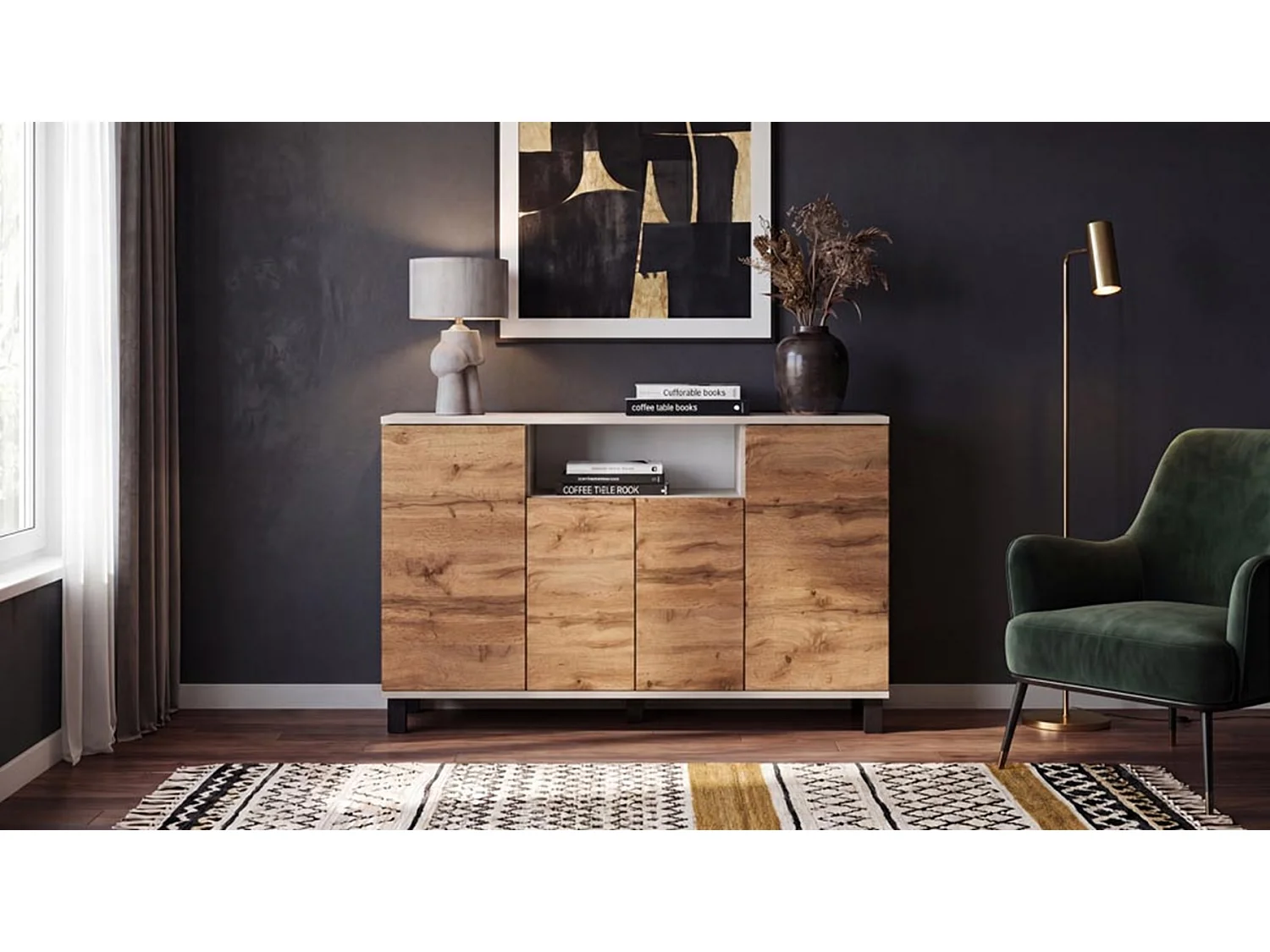 Kashmir-kommode + Wotan-eg 120 cm med 4 låger – Moderne tv-møbel til stuen og soveværelset – Designet opbevaringskommode