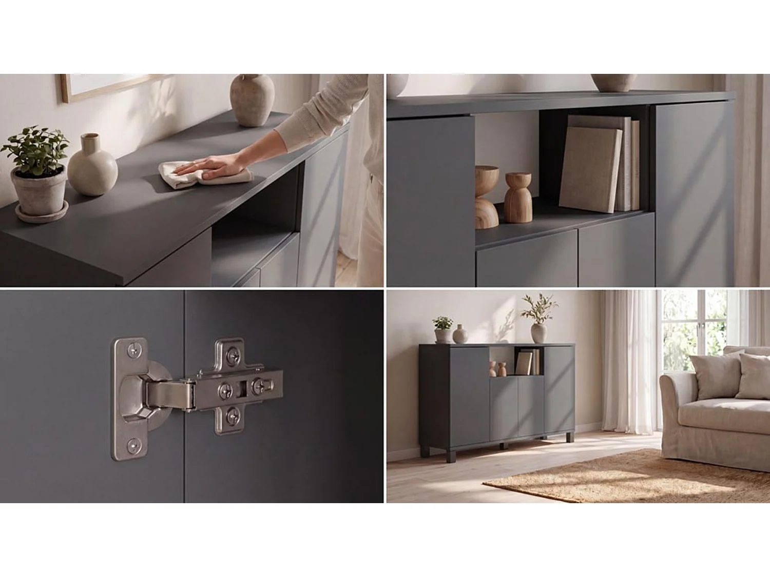 Grå kommode, 120 cm, 4 låger – moderne tv-møbel til stuen og soveværelset – designet opbevaringskommode