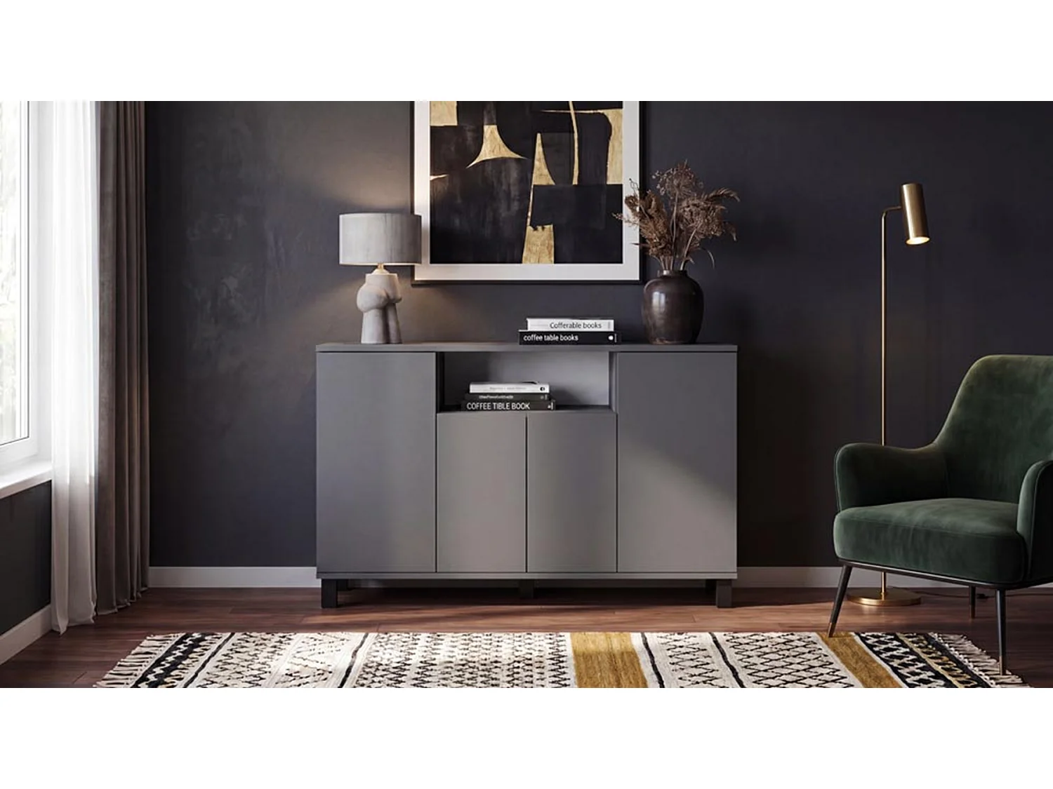 Grå kommode, 120 cm, 4 låger – moderne tv-møbel til stuen og soveværelset – designet opbevaringskommode