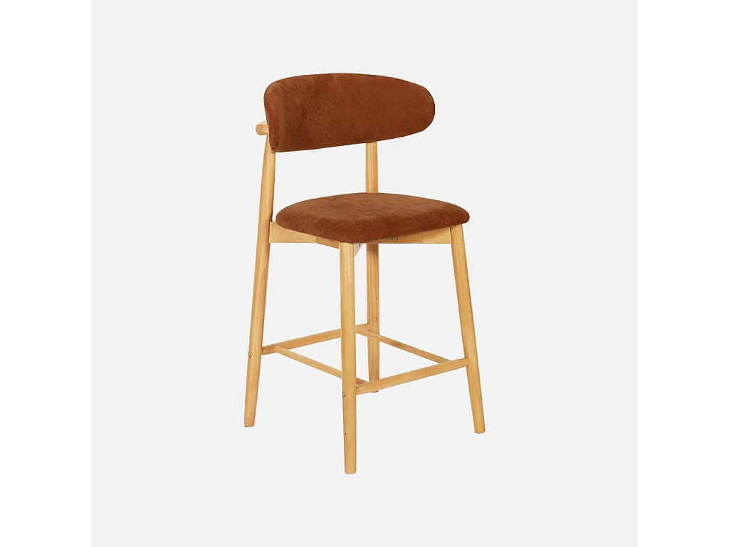 Lot de 2 tabourets de bar en bois d'hévéa naturel et tissu chenille terracotta - Paola