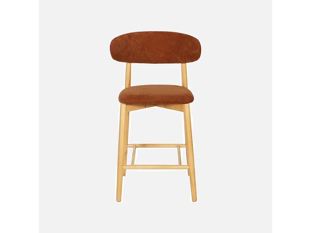Lot de 2 tabourets de bar en bois d'hévéa naturel et tissu chenille terracotta - Paola