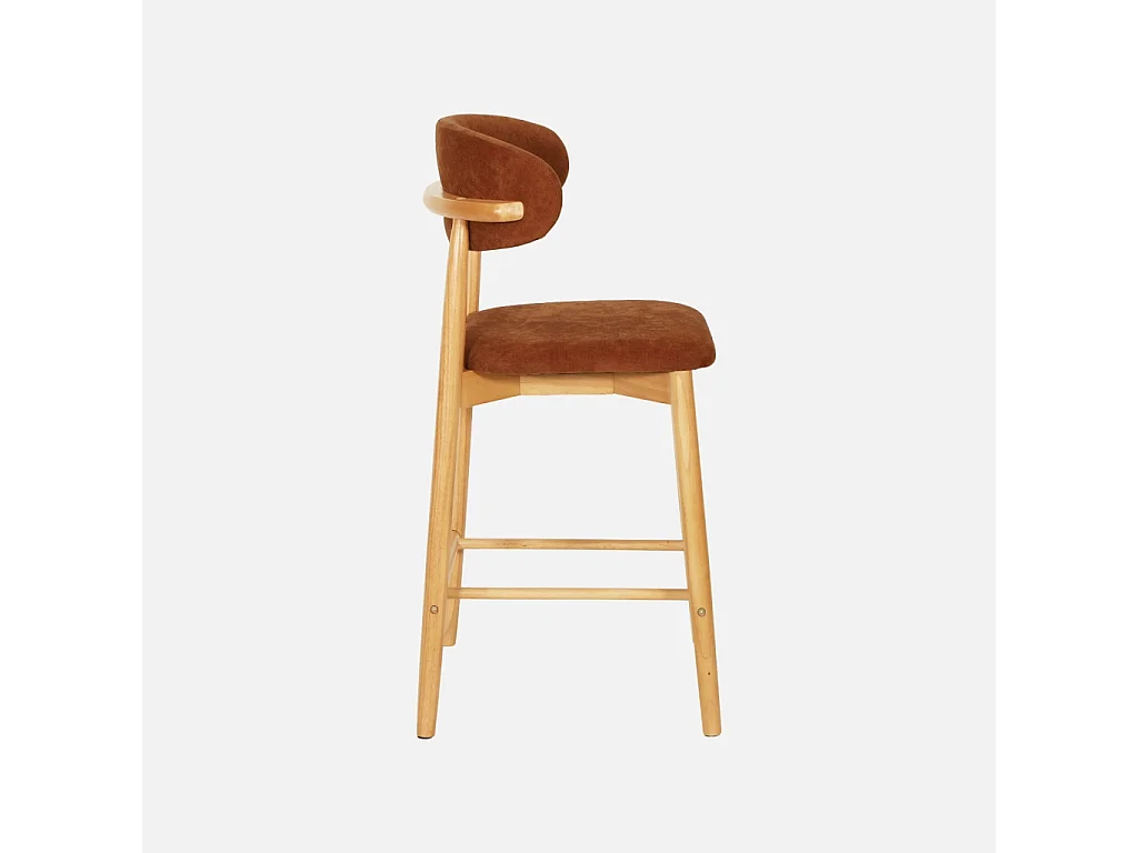 Lot de 2 tabourets de bar en bois d'hévéa naturel et tissu chenille terracotta - Paola