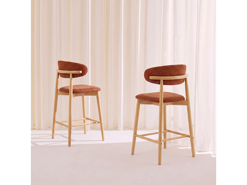 Taburete de bar de madera de hevea natural y tela de chenilla, set de