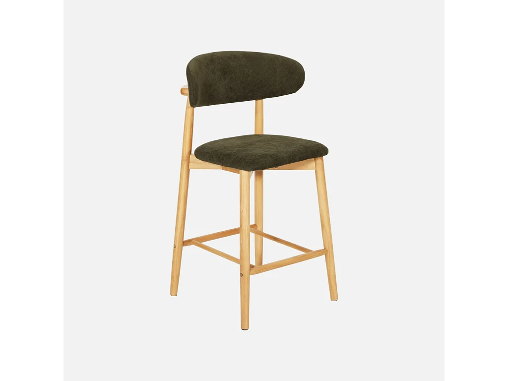 Lot de 2 tabourets de bar en bois d'hévéa naturel et tissu chenille kaki - Paola