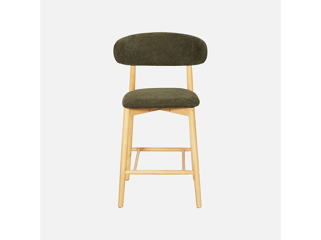 Lot de 2 tabourets de bar en bois d'hévéa naturel et tissu chenille kaki - Paola