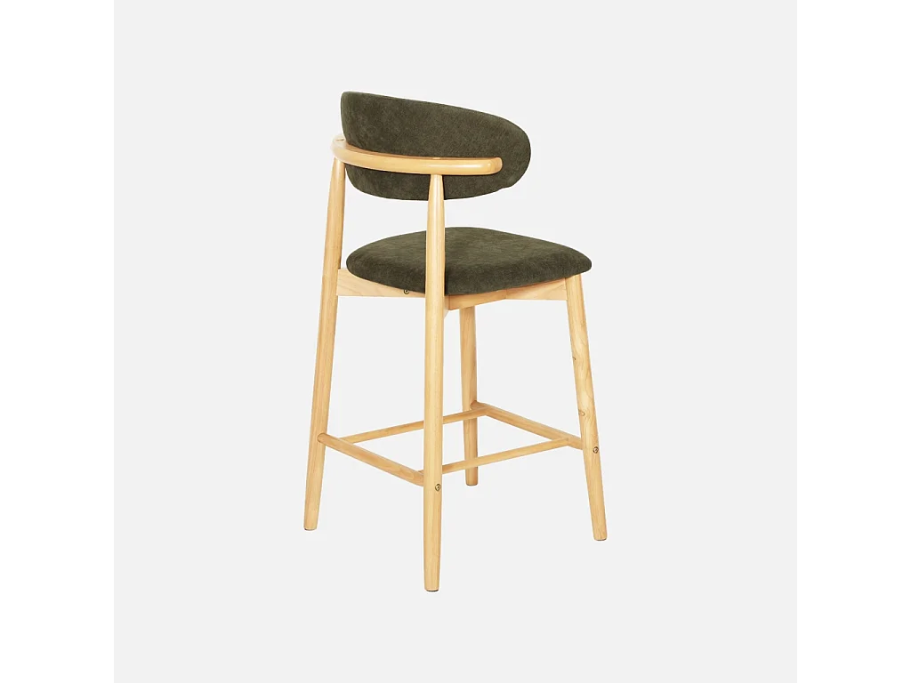 Lot de 2 tabourets de bar en bois d'hévéa naturel et tissu chenille kaki - Paola