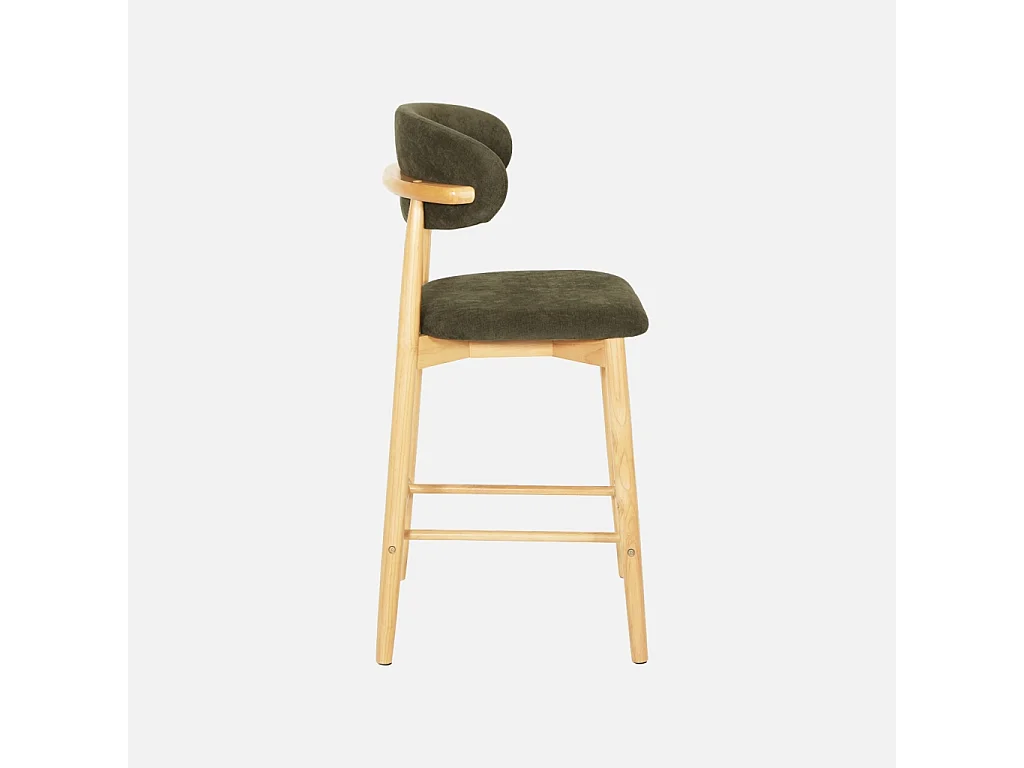 Lot de 2 tabourets de bar en bois d'hévéa naturel et tissu chenille kaki - Paola