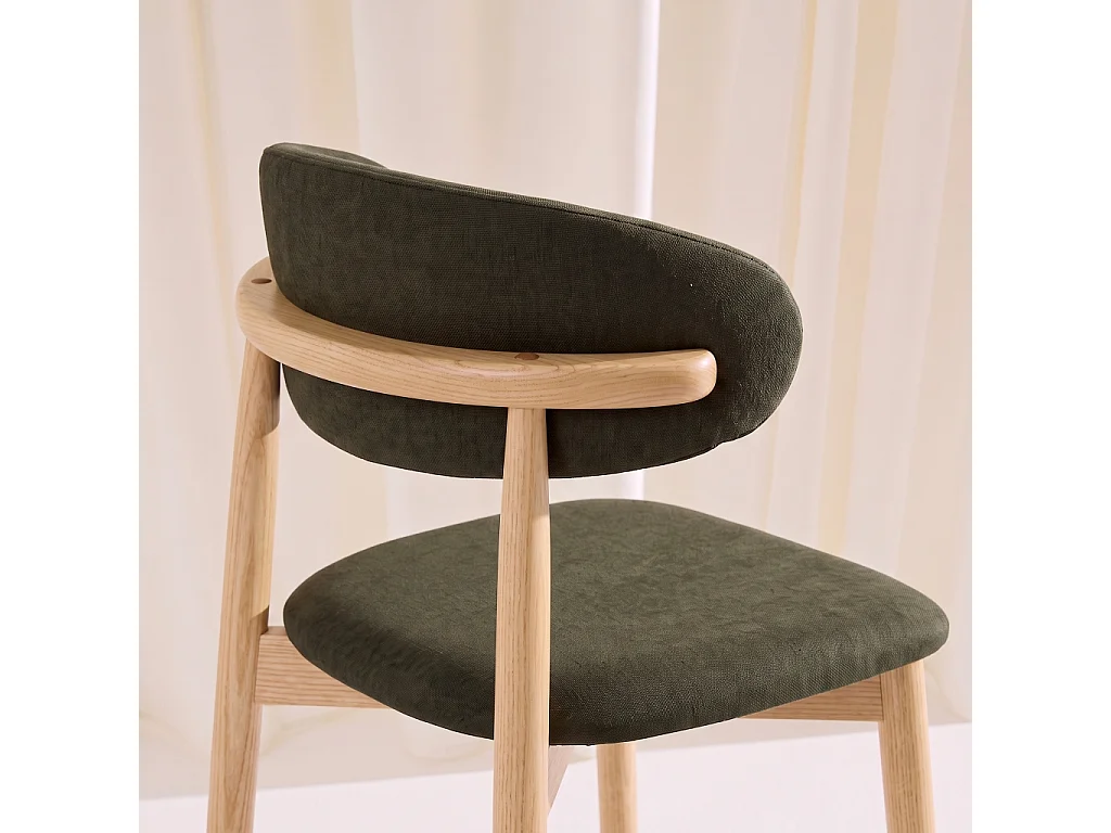 Lot de 2 tabourets de bar en bois d'hévéa naturel et tissu chenille kaki - Paola