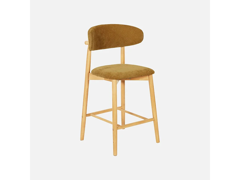 Lot de 2 tabourets de bar en bois d'hévéa naturel et tissu chenille moutarde - Paola