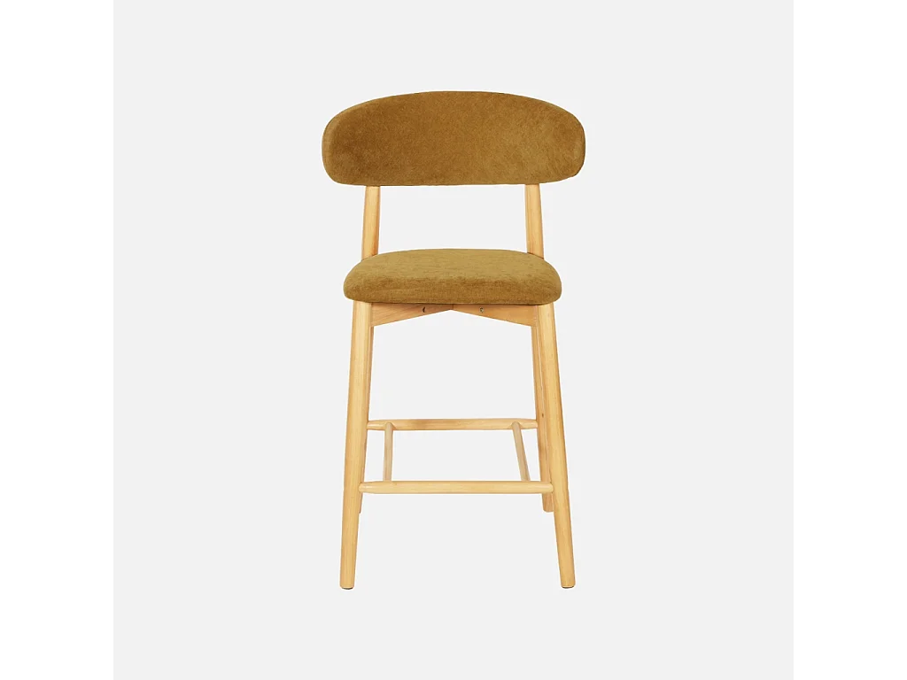 Lot de 2 tabourets de bar en bois d'hévéa naturel et tissu chenille moutarde - Paola