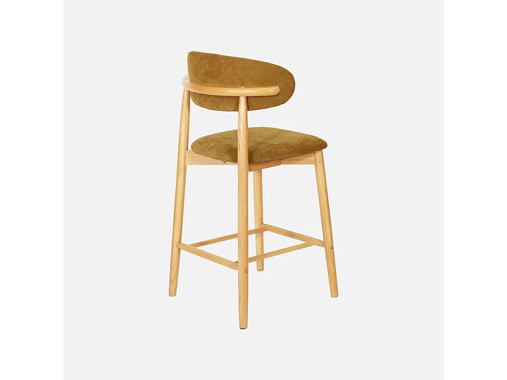 Lot de 2 tabourets de bar en bois d'hévéa naturel et tissu chenille moutarde - Paola