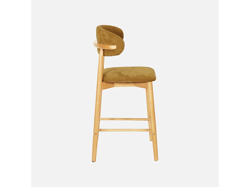 Lot de 2 tabourets de bar en bois d'hévéa naturel et tissu chenille moutarde - Paola