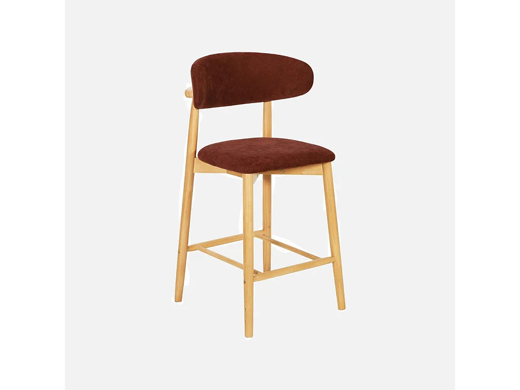 Lot de 2 tabourets de bar en bois d'hévéa naturel et tissu chenille bordeaux - Paola