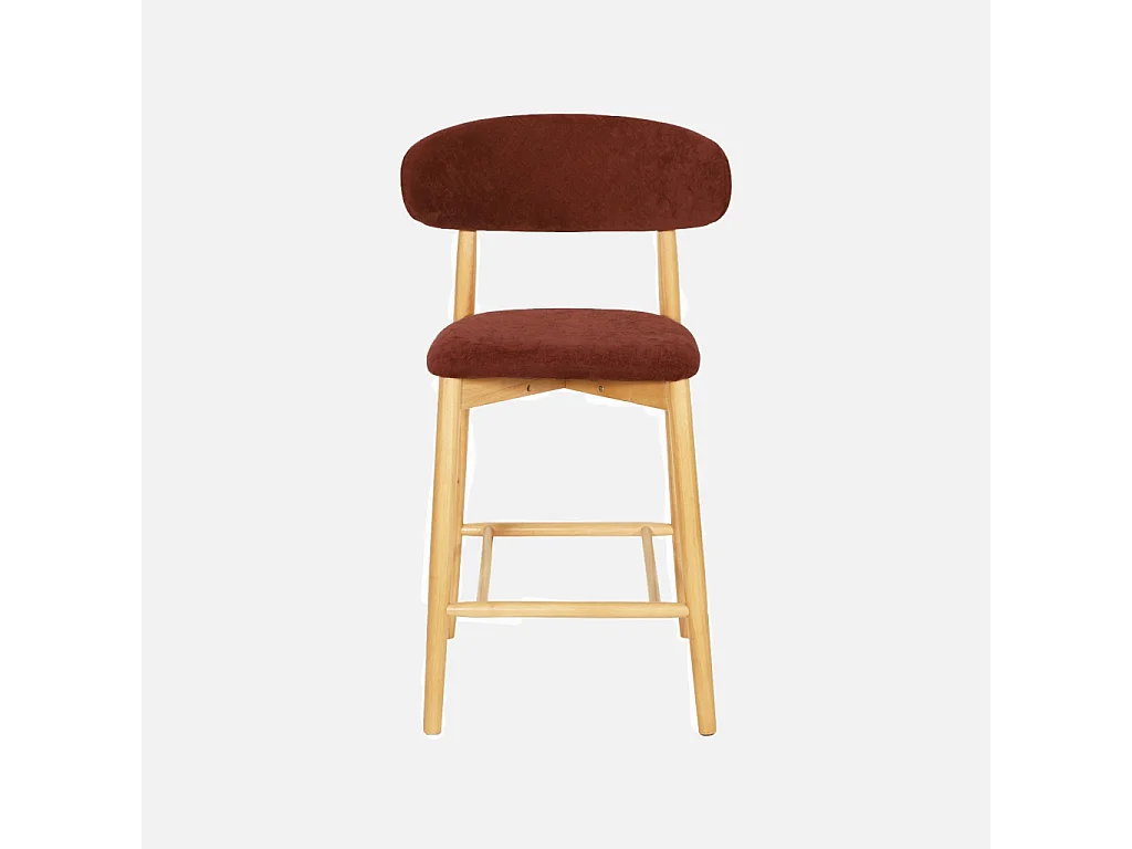 Lot de 2 tabourets de bar en bois d'hévéa naturel et tissu chenille bordeaux - Paola