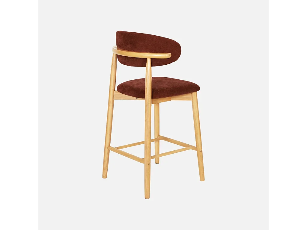 Lot de 2 tabourets de bar en bois d'hévéa naturel et tissu chenille bordeaux - Paola