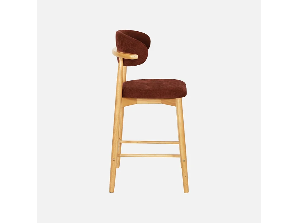 Lot de 2 tabourets de bar en bois d'hévéa naturel et tissu chenille bordeaux - Paola