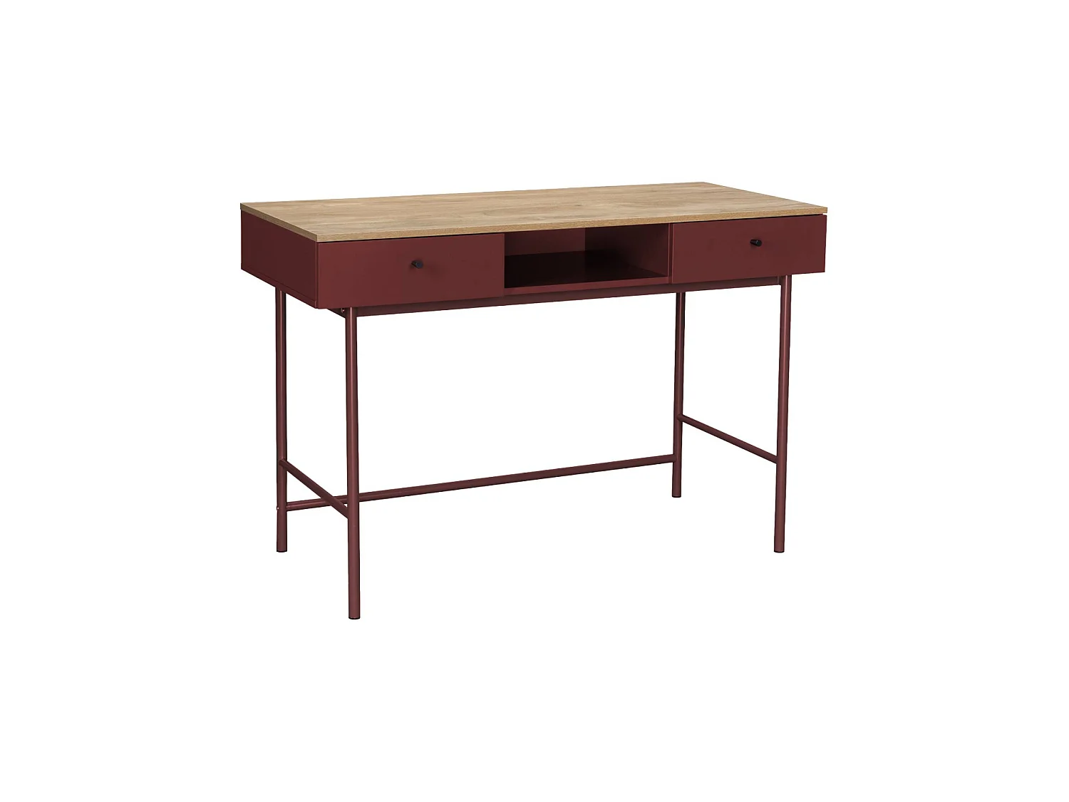 Bureau décor bois et fer 2 tiroirs 1 casier bordeaux - William