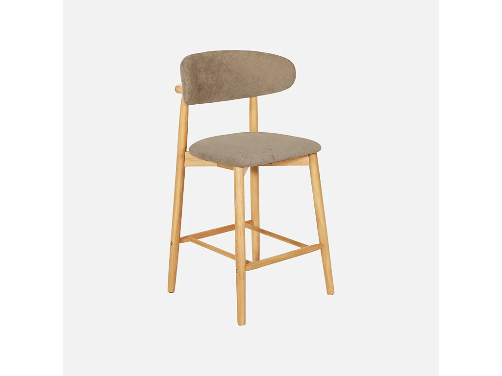 Lot de 2 tabourets de bar en bois d'hévéa naturel et tissu chenille taupe - Paola