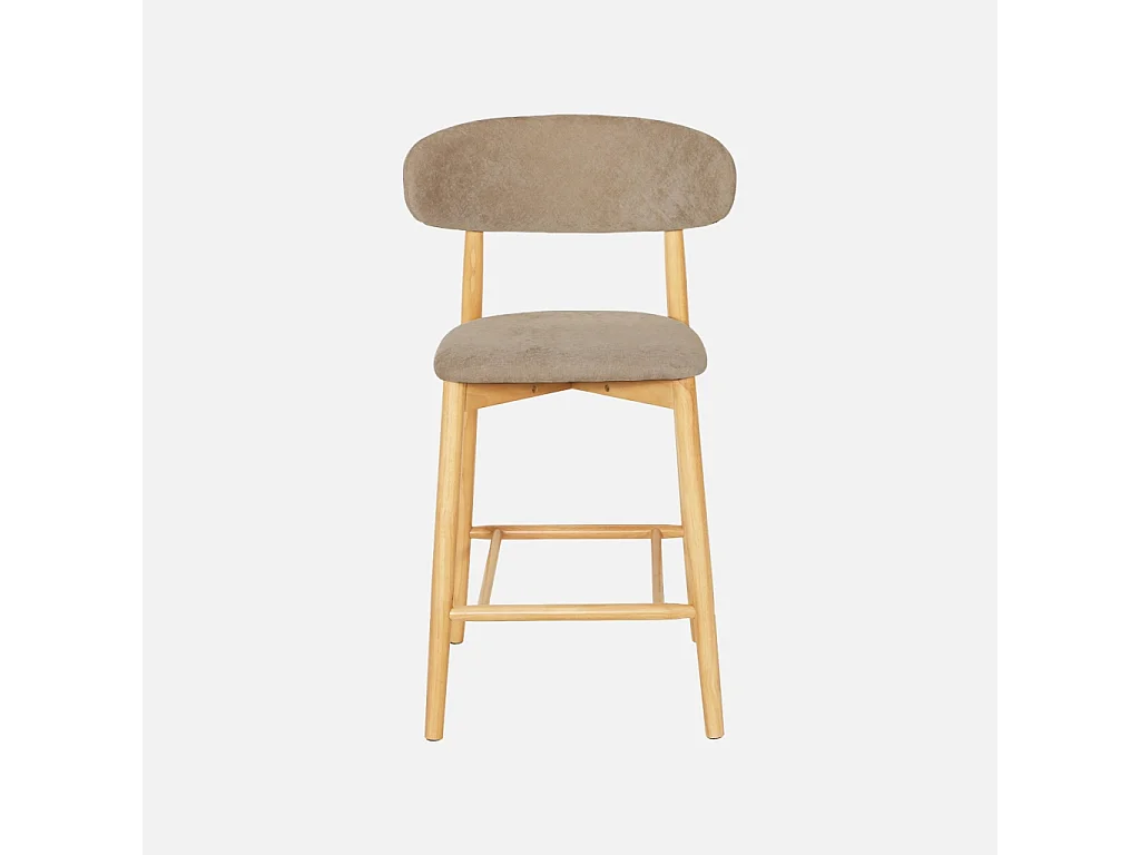 Lot de 2 tabourets de bar en bois d'hévéa naturel et tissu chenille taupe - Paola