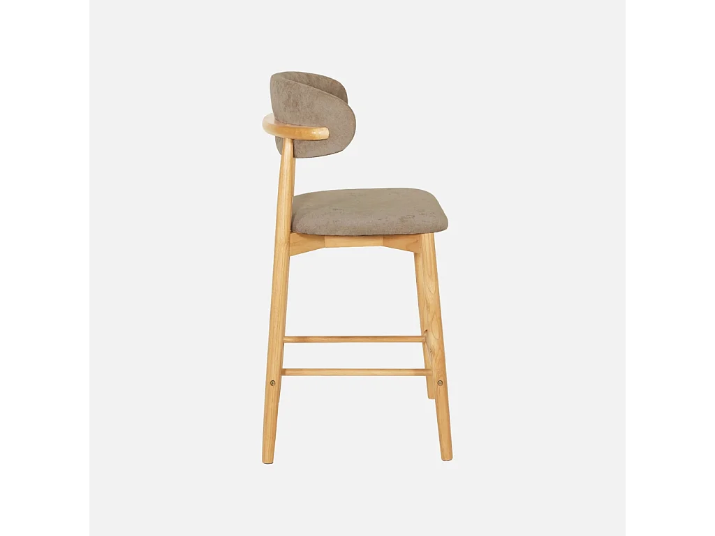 Lot de 2 tabourets de bar en bois d'hévéa naturel et tissu chenille taupe - Paola
