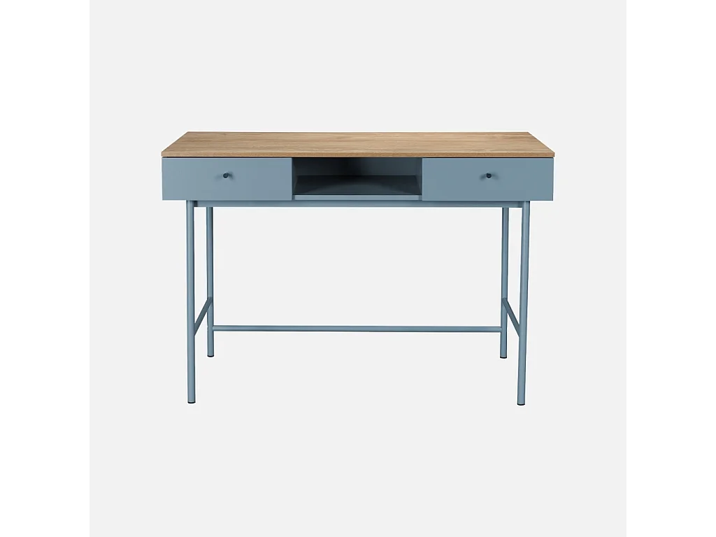 Escritorio efecto madera y hierro con 2 cajones y 1 compartimento azul