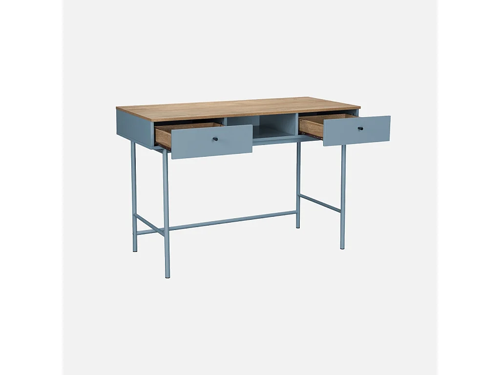 Escritorio efecto madera y hierro con 2 cajones y 1 compartimento azul