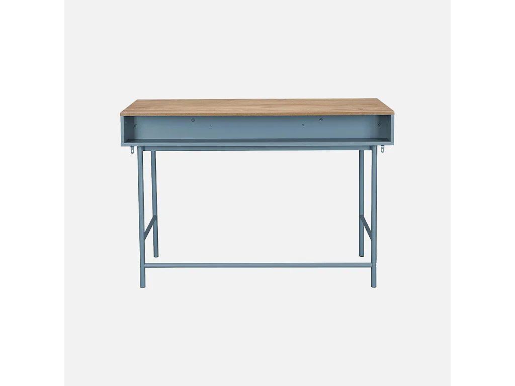 Escritorio efecto madera y hierro con 2 cajones y 1 compartimento azul