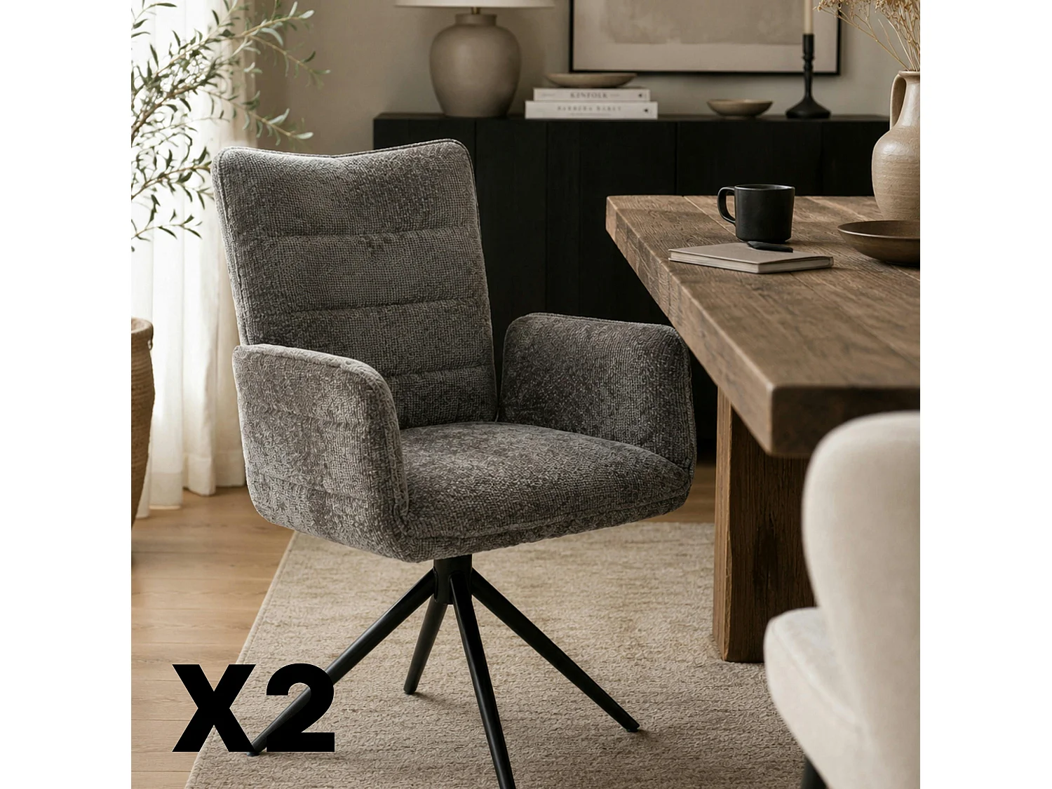Fauteuil de table pivotant anthracite en tissu texturé (x2) RIVANO