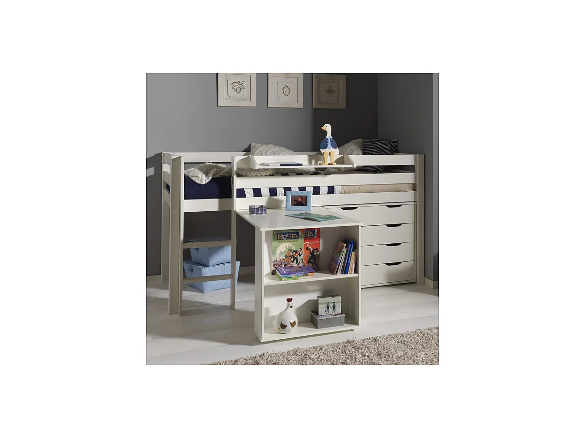 Pack - Lit Enfant Bureau & Commode 4 Tiroirs "Pino" Blanc