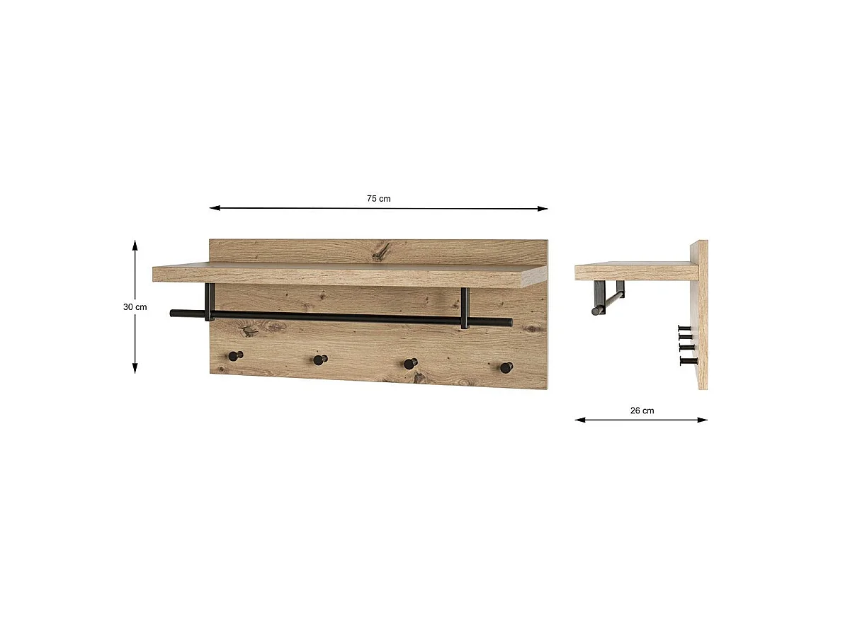 Patère Murale & Étagère "Miranda" 75cm Chêne & Noir