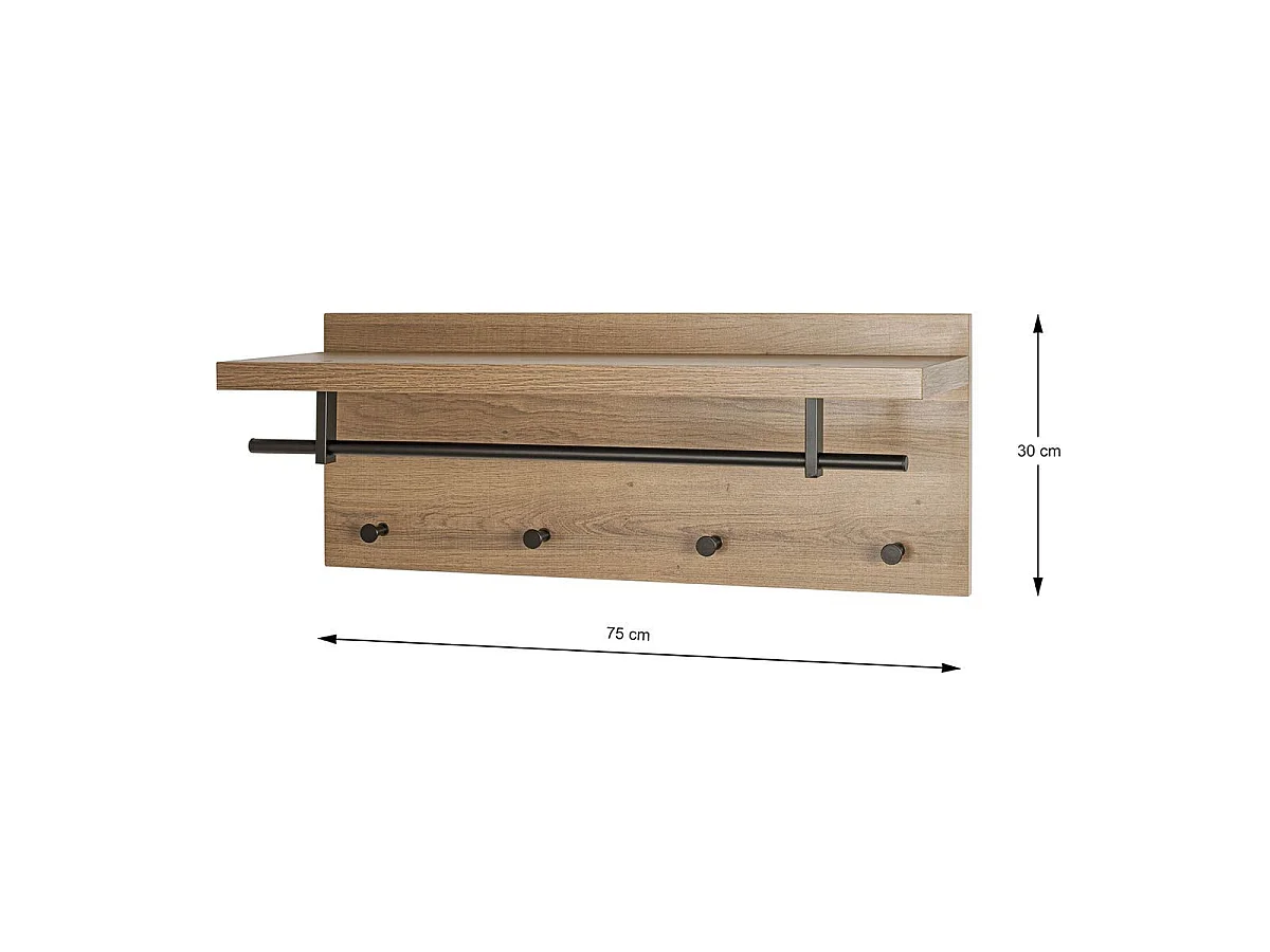 Patère Murale & Étagère "Miranda" 75cm Chêne Foncé & Noir