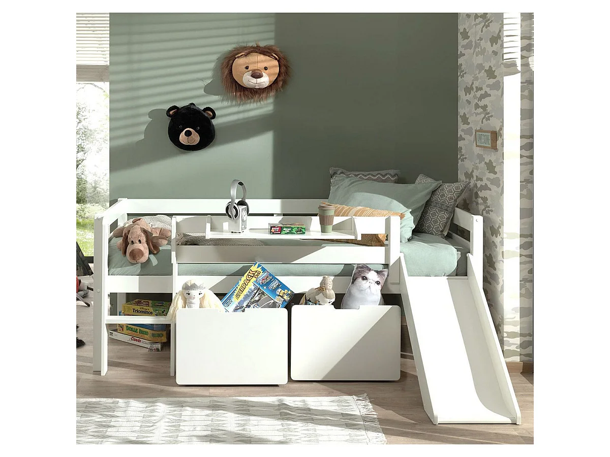 Pack - Lit Enfant Surélevé, 2 Tiroirs & Étagère "Pino" Blanc