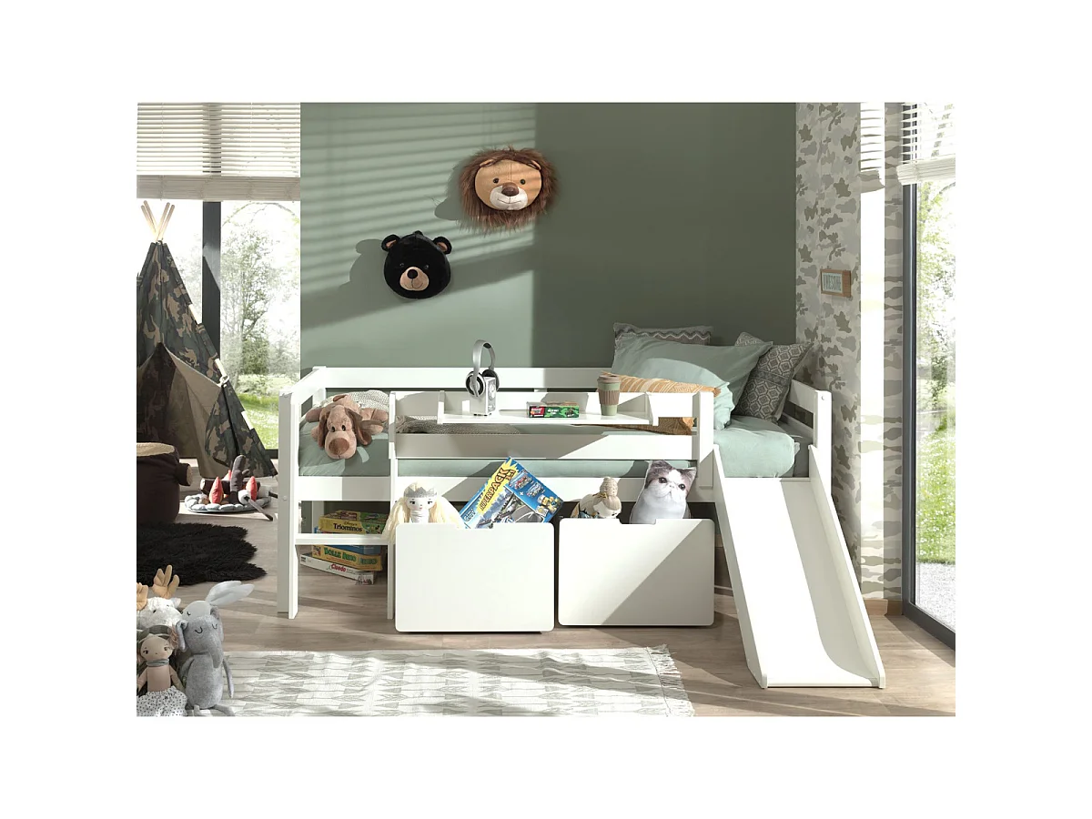 Pack - Lit Enfant Surélevé, 2 Tiroirs & Étagère "Pino" Blanc