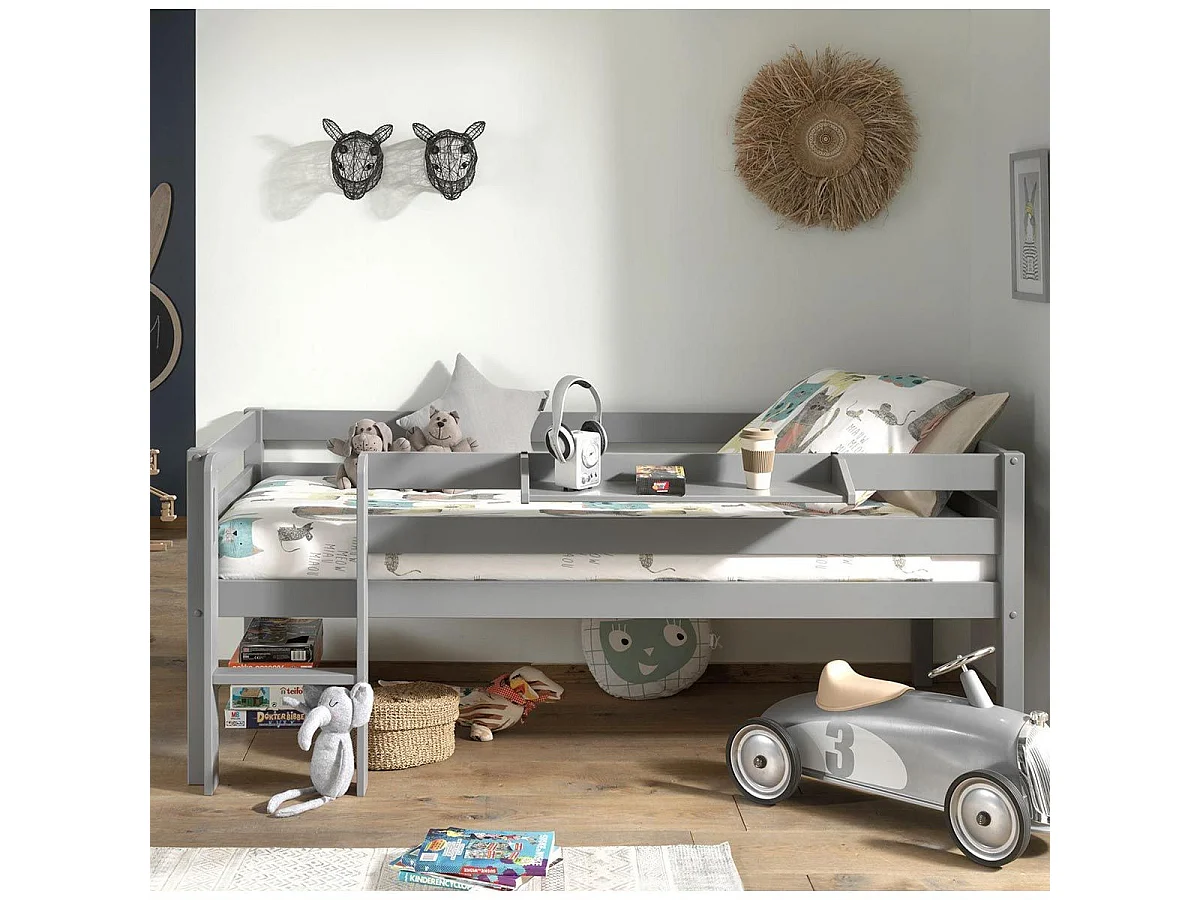 Pack - Lit Enfant Surélevé & Etagère "Pino" Gris