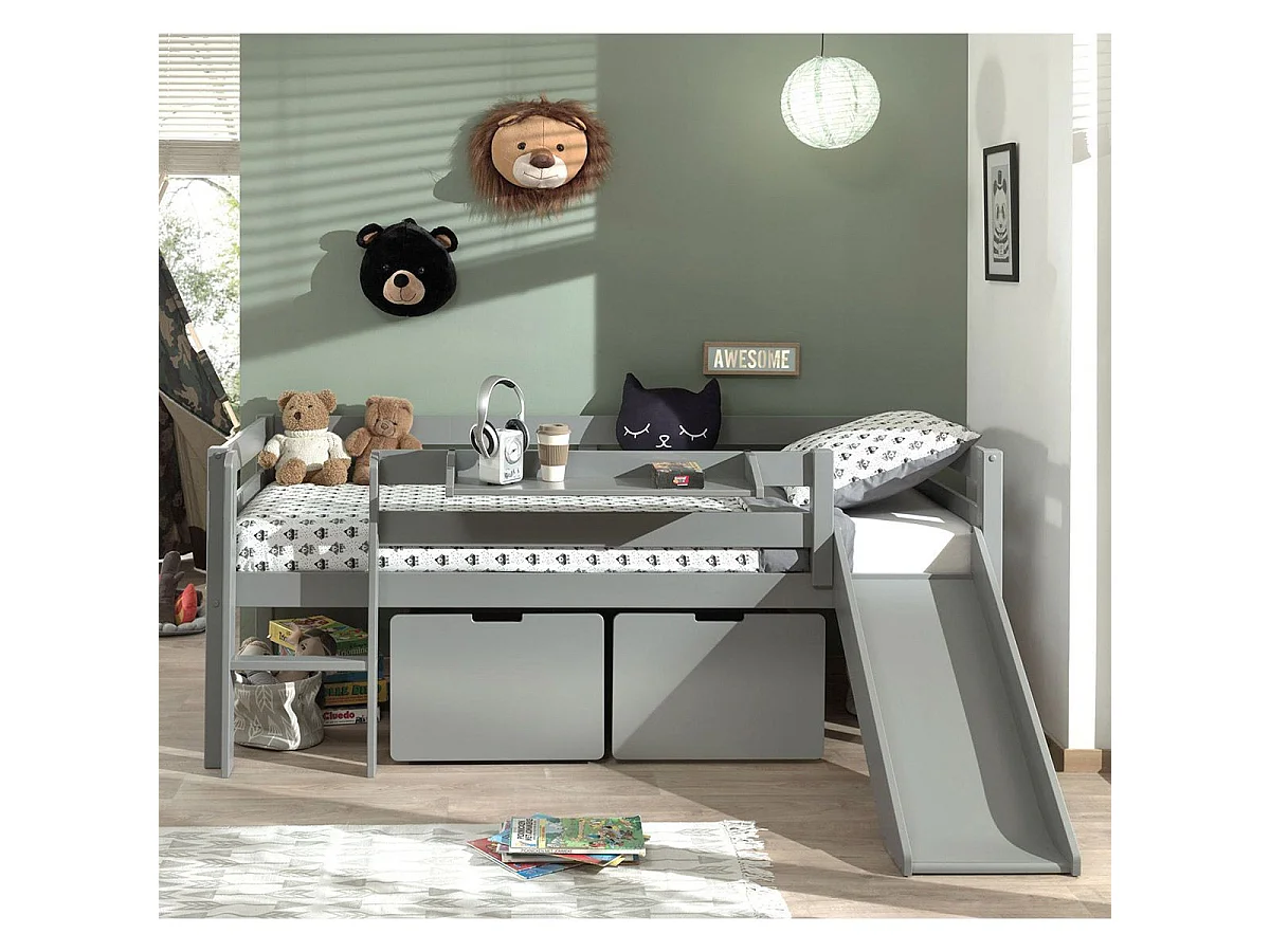 Pack - Lit Enfant Surélevé, 2 Tiroirs & Étagère "Pino" Gris